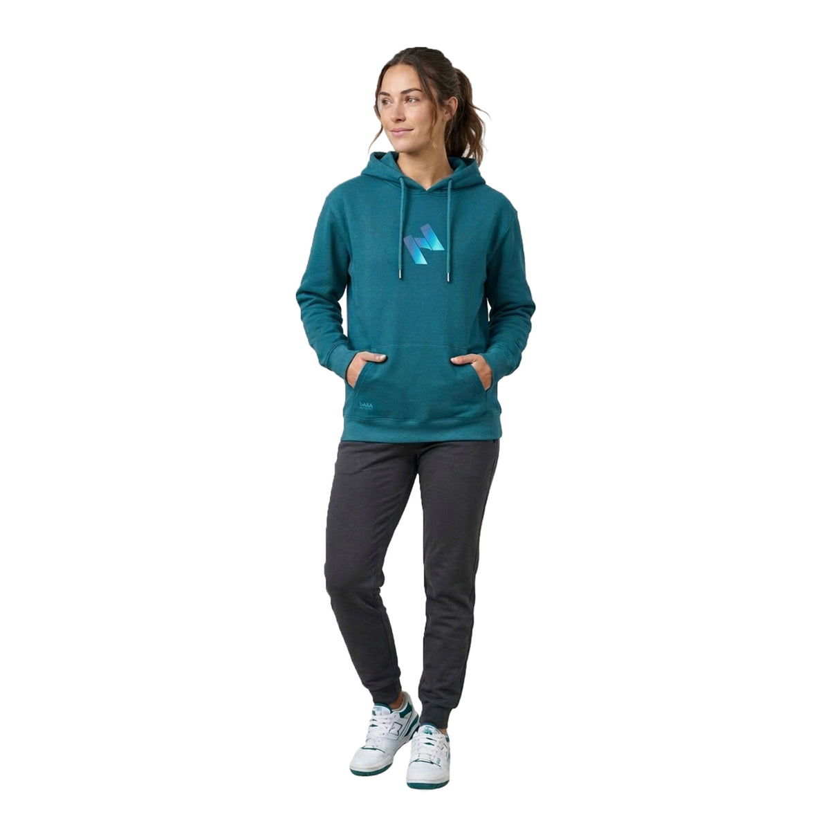 Blue HANA hoodie worn with the hood down, printed chest logo and kangaroo pocket
