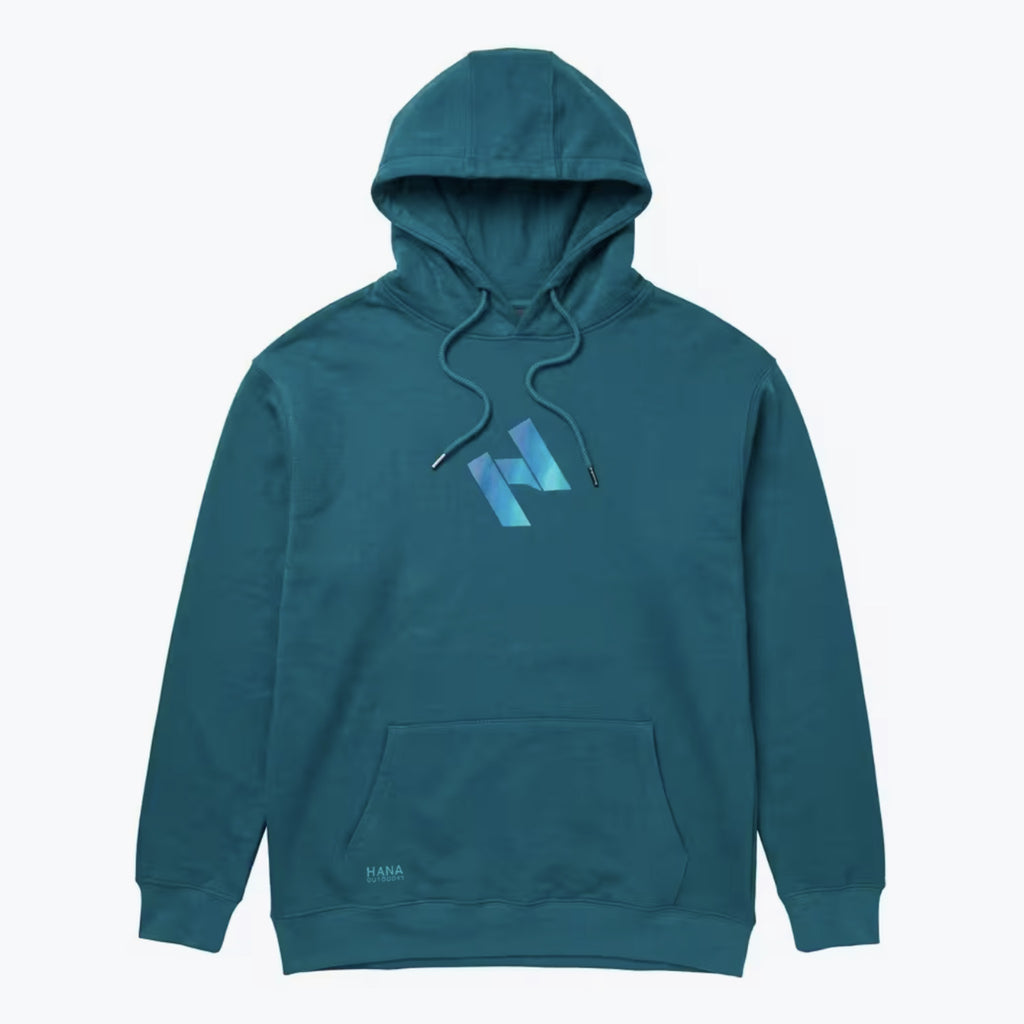 Front view of the blue HANA hoodie, with drawstring hood, printed chest logo and kangaroo pocket