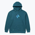 Front view of the blue HANA hoodie, with drawstring hood, printed chest logo and kangaroo pocket