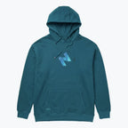 Front view of the blue HANA hoodie, with drawstring hood, printed chest logo and kangaroo pocket
