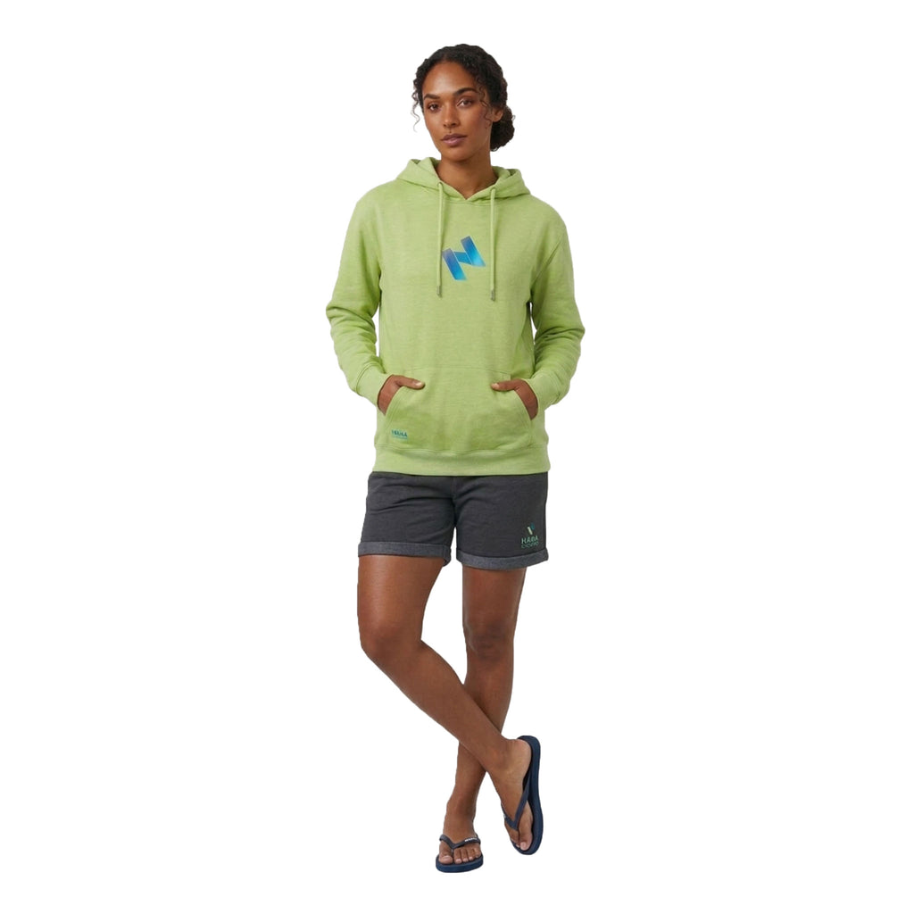 Green HANA hoodie worn with the hood down, printed chest logo and kangaroo pocket