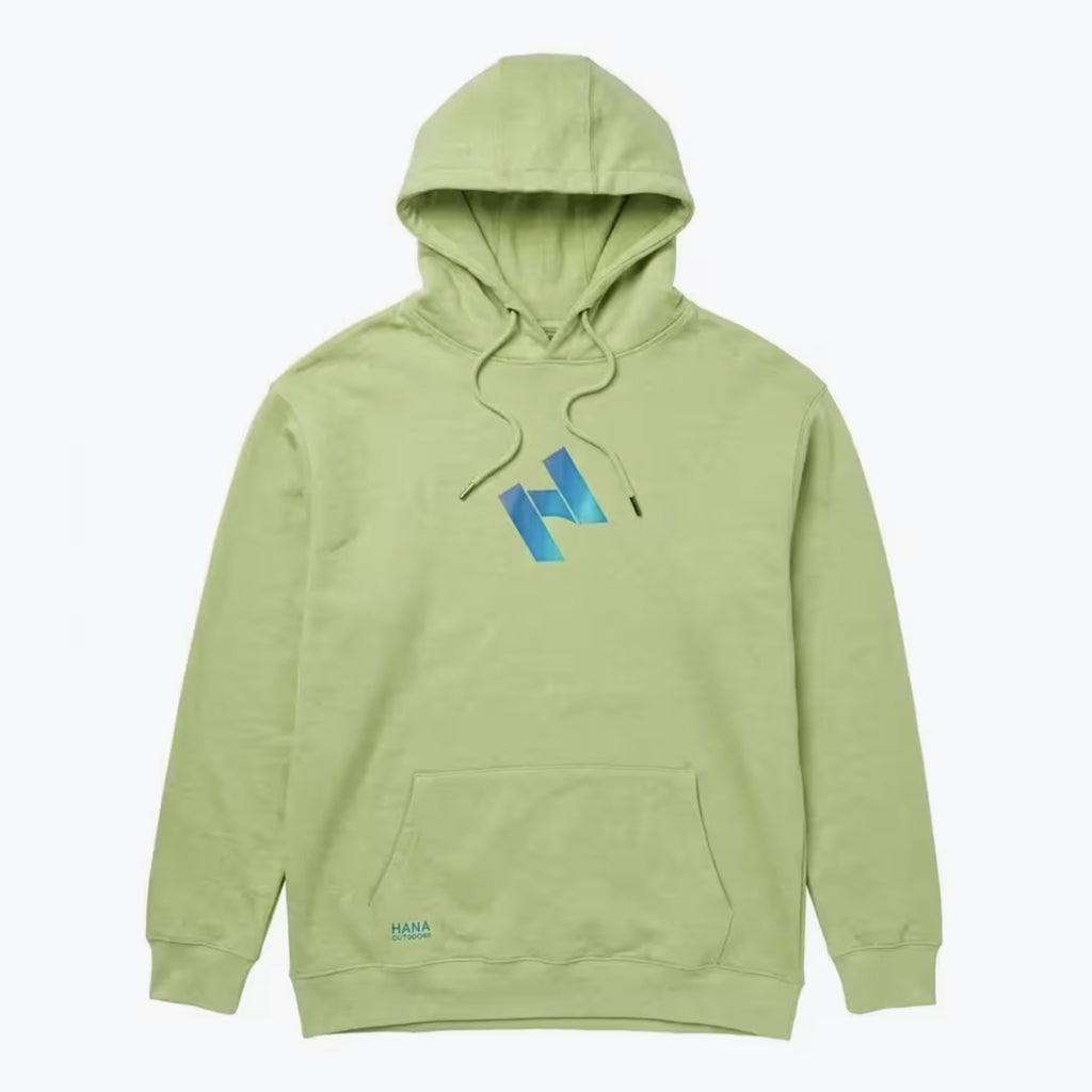 Front view of the green HANA hoodie, with drawstring hood, printed chest logo and kangaroo pocket