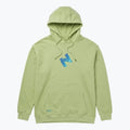 Front view of the green HANA hoodie, with drawstring hood, printed chest logo and kangaroo pocket