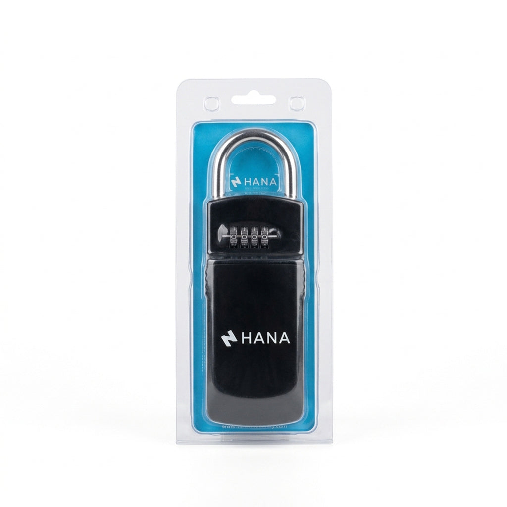 Boîte à clé cadenas à code HANA noire dans son emballage blister