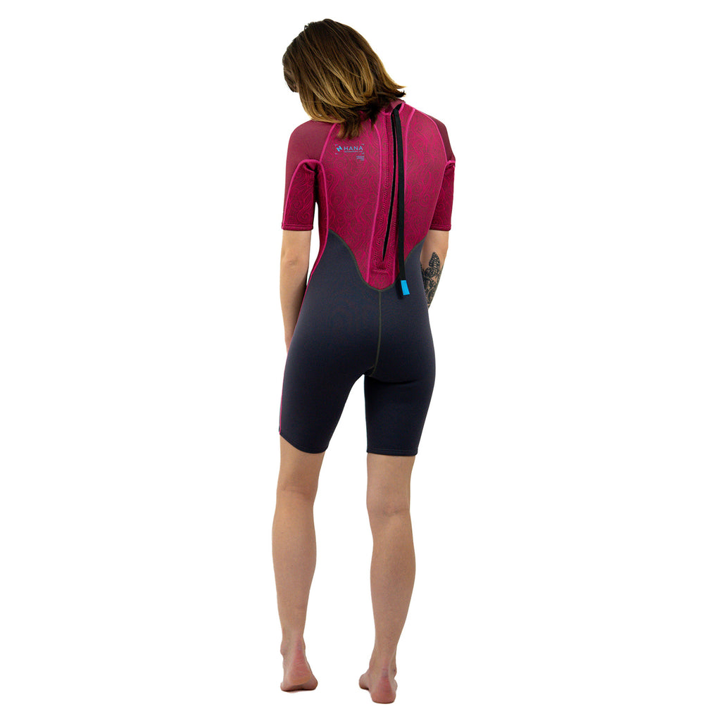 HANA Portofino women’s 3/2 mm shorty wetsuit in Purple – back view