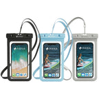 HANA waterproof phone pouches in black, blue and white