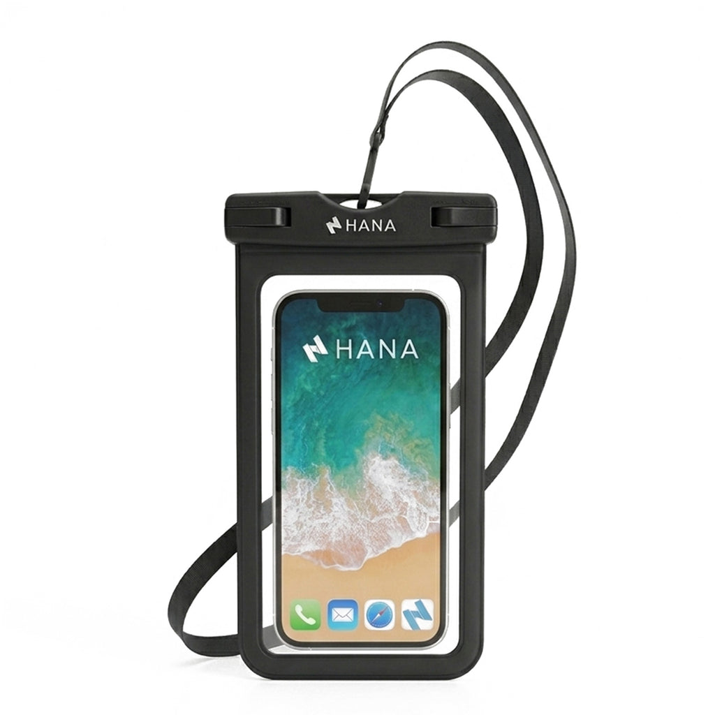 HANA waterproof phone pouch in black with shoulder strap