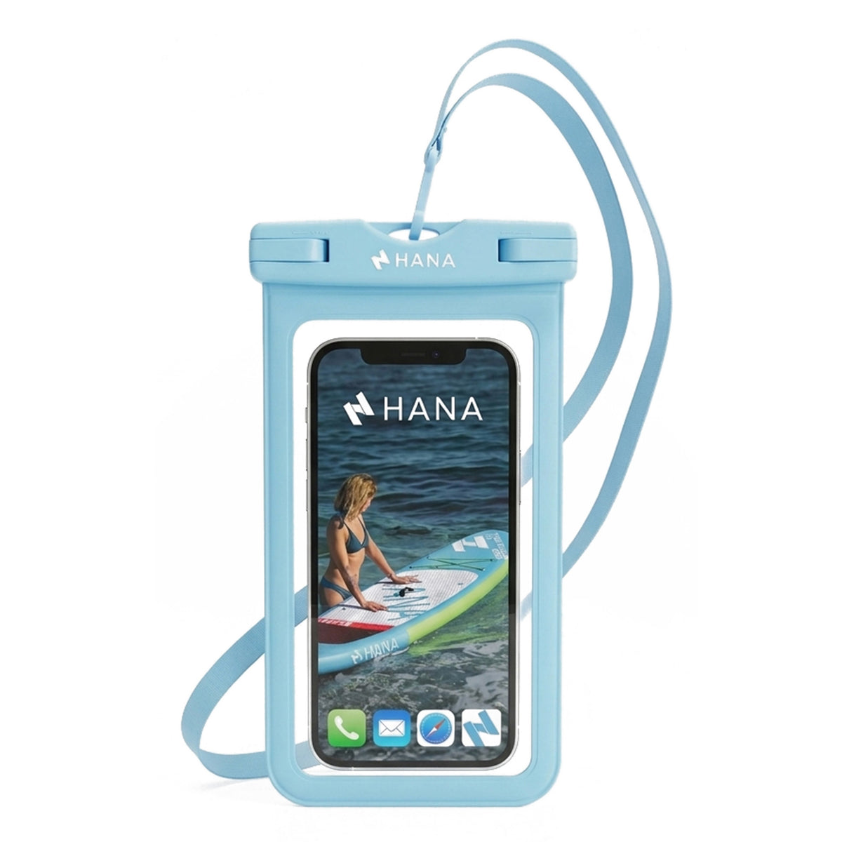 HANA waterproof phone pouch in blue with shoulder strap