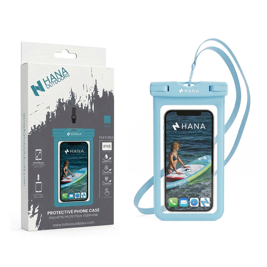 HANA blue waterproof phone pouch with its packaging