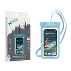 HANA blue waterproof phone pouch with its packaging