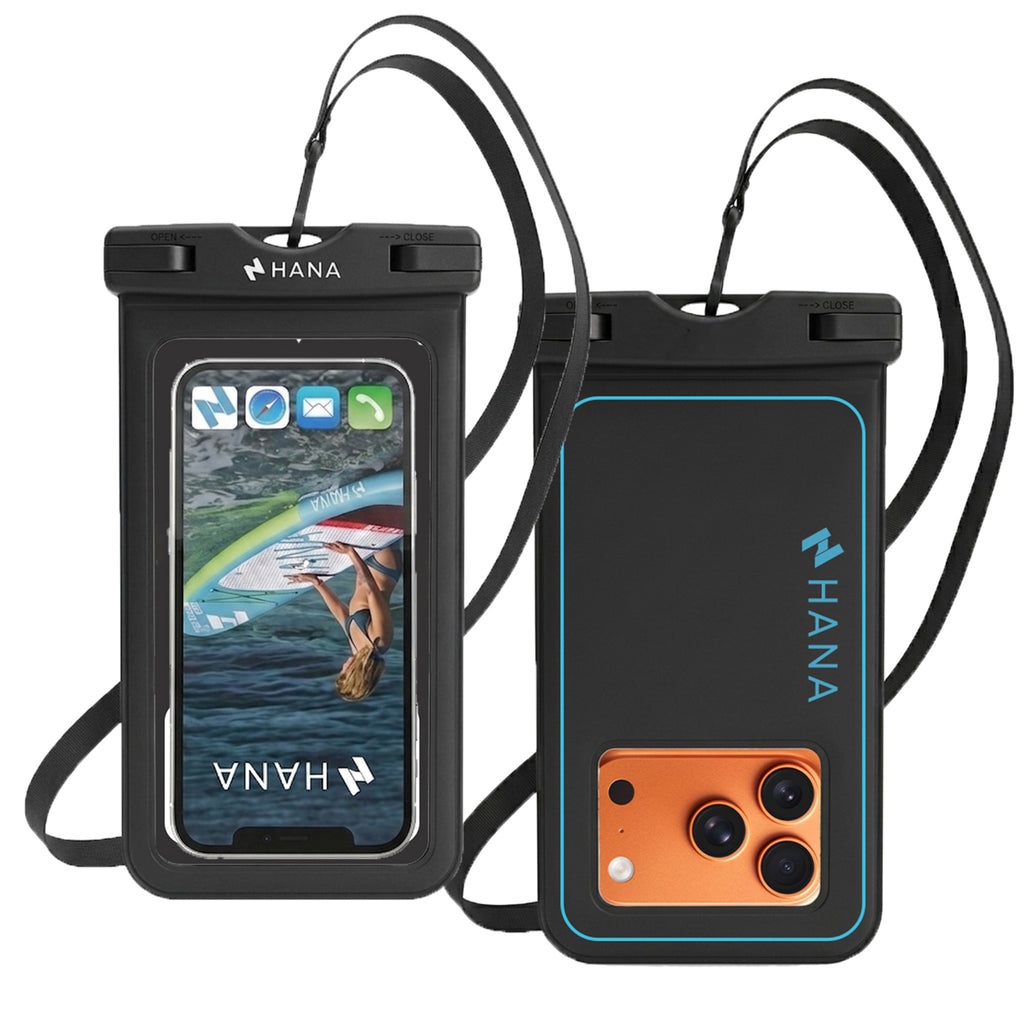 HANA black floating waterproof pouch, front and back view