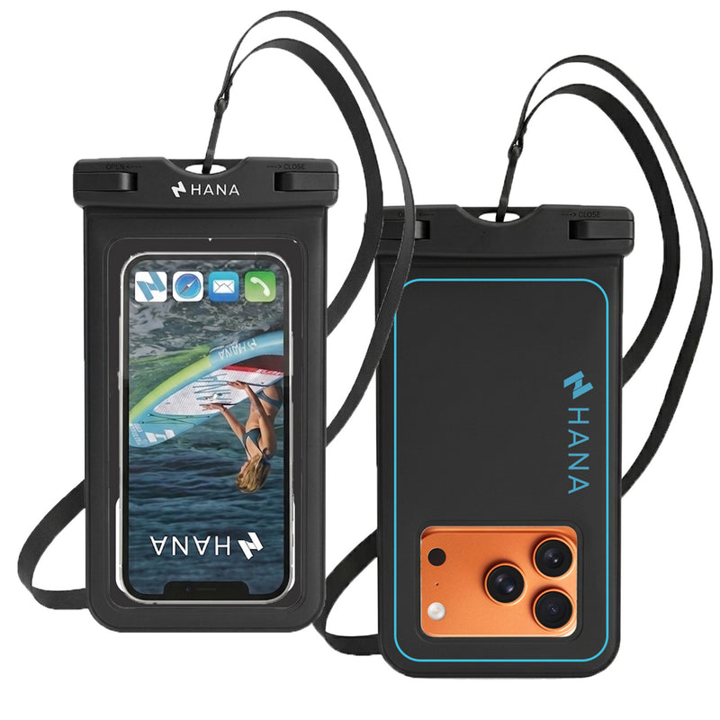 HANA black floating waterproof pouch, front and back view