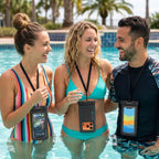 Friends in a pool wearing HANA waterproof pouches