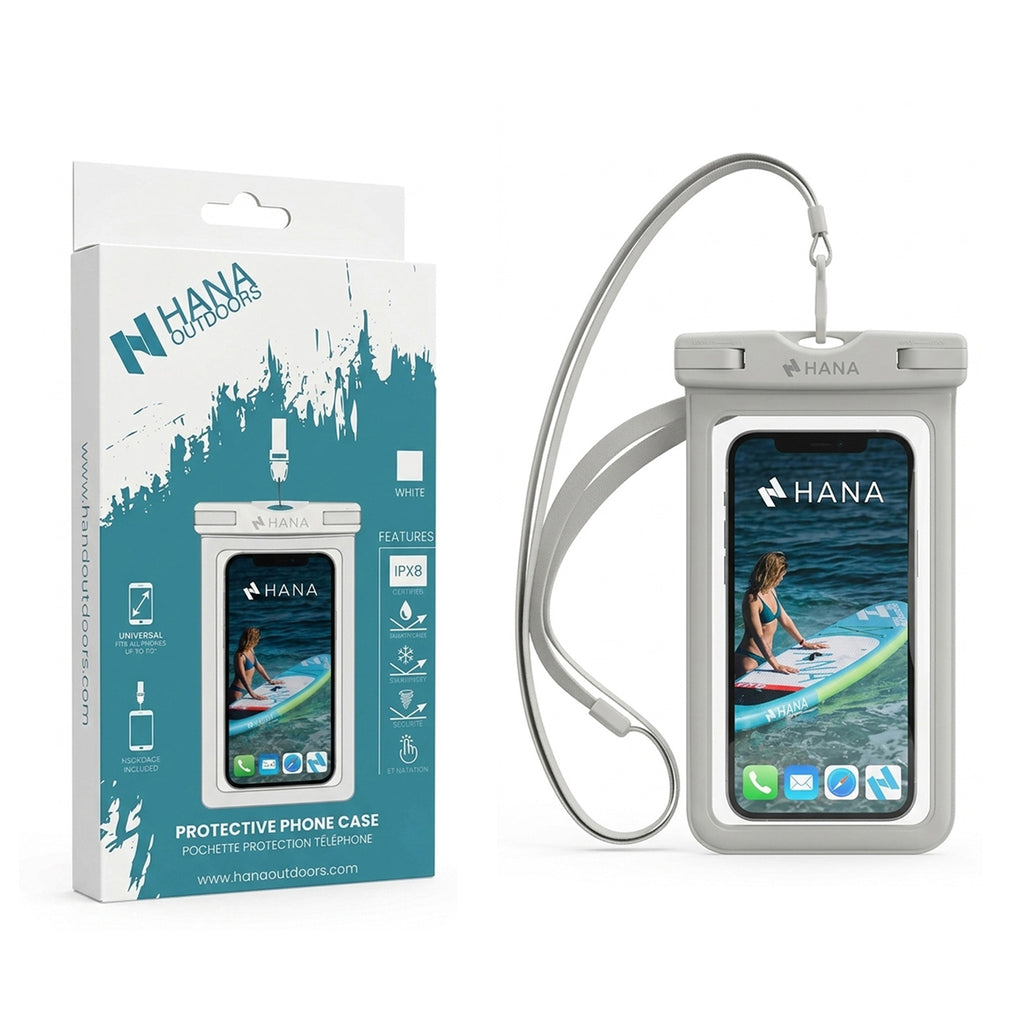 HANA white waterproof phone pouch with its packaging