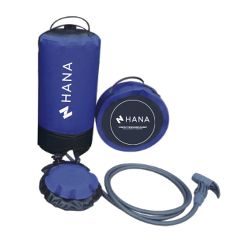 Blue HANA 11 L pressurised solar shower with foot pump, hose and spray, shown folded too