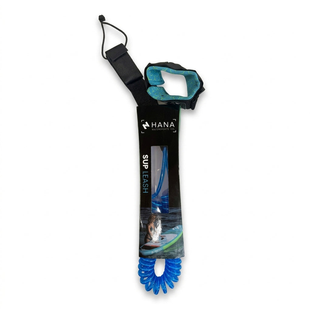 Blue HANA Premium 10' coiled SUP leash in its packaging