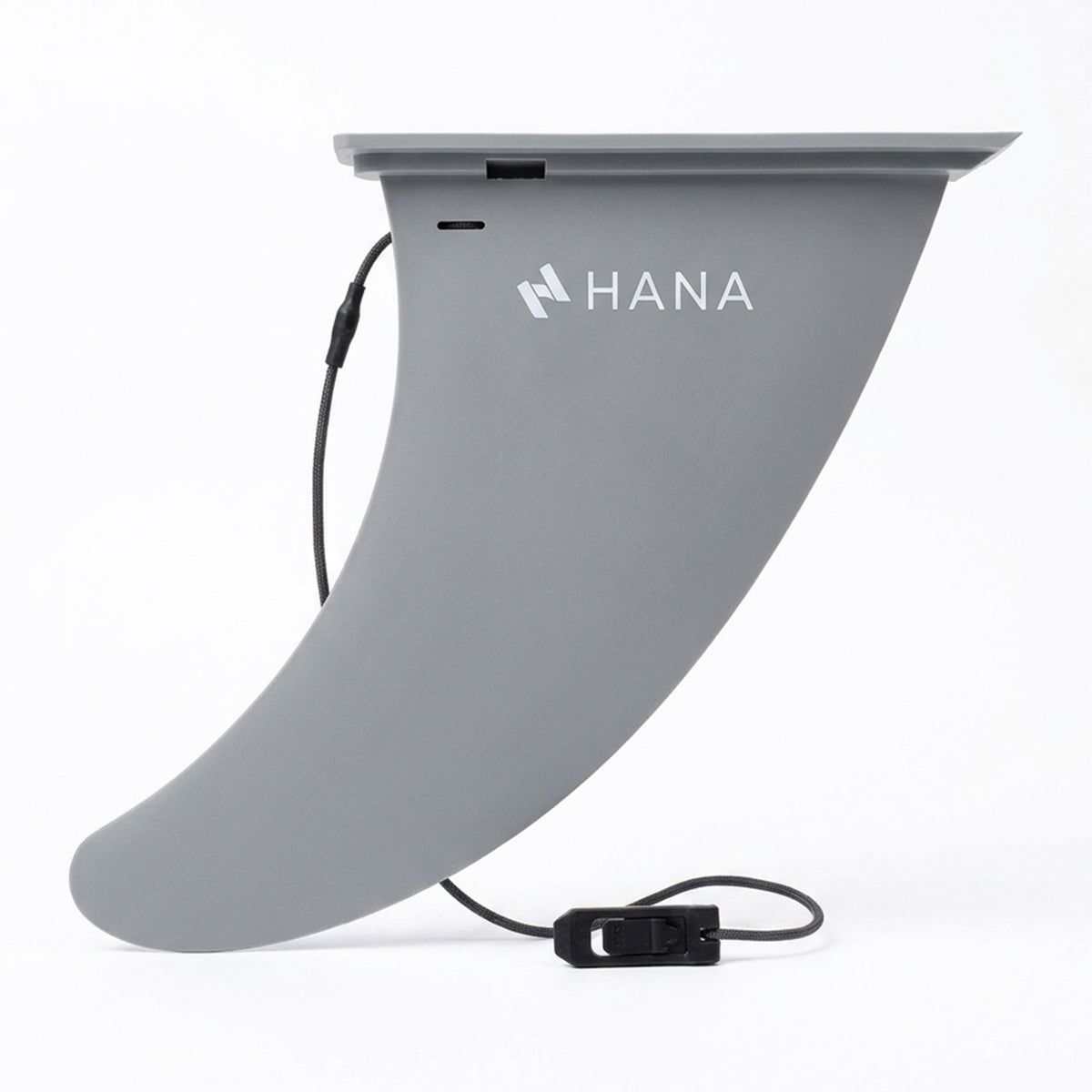 Grey HANA 9" clip-in fin, with its clip attached by a cord