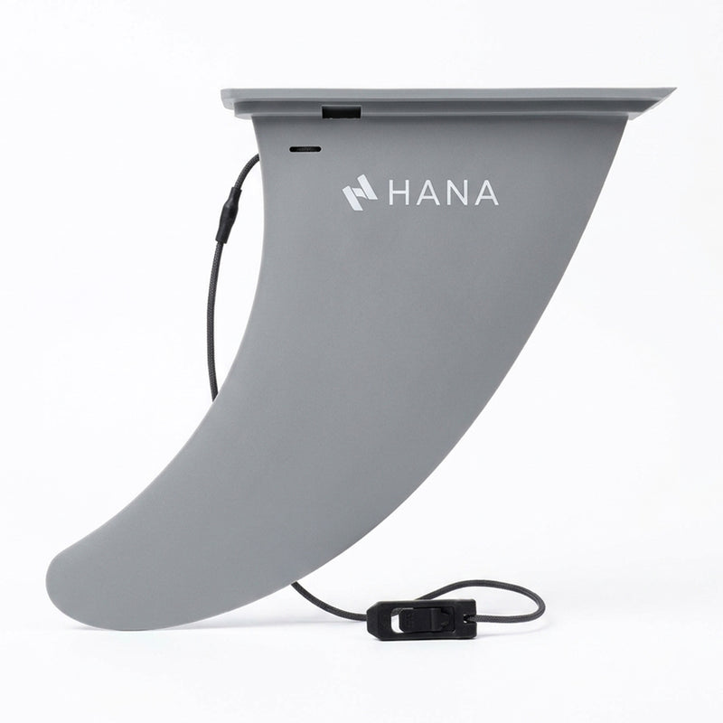 Grey HANA 9" clip-in fin, with its clip attached by a cord