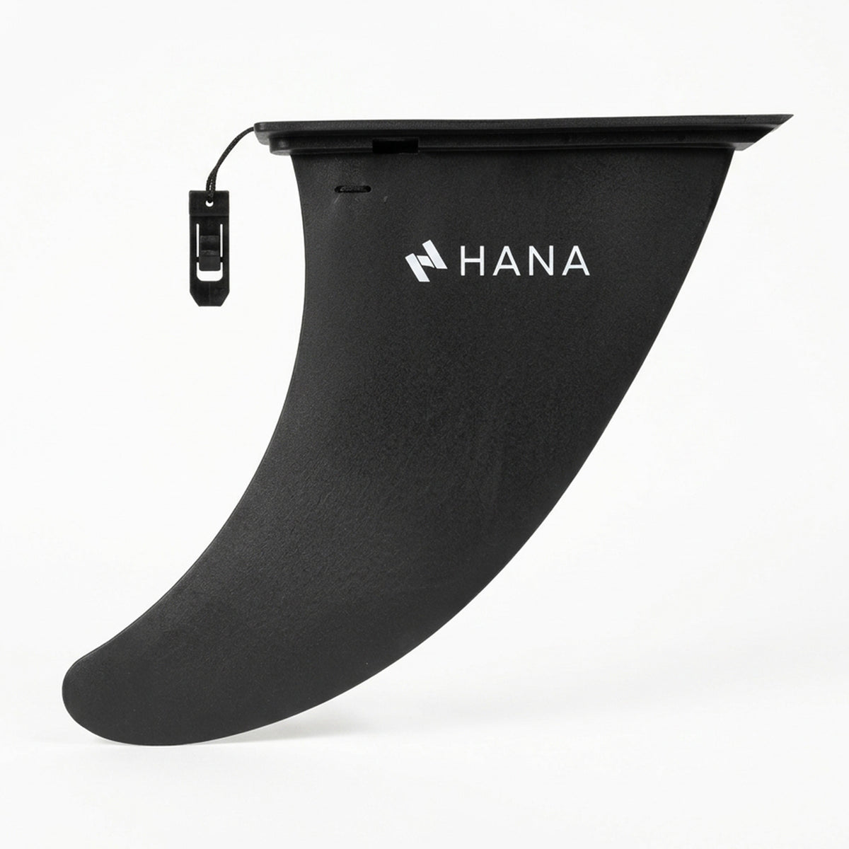Black HANA 9" clip-in fin, with its clip attached by a cord
