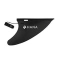 Black HANA 4.5" clip-in fin for inflatable surfboards, with its clip attached by a cord