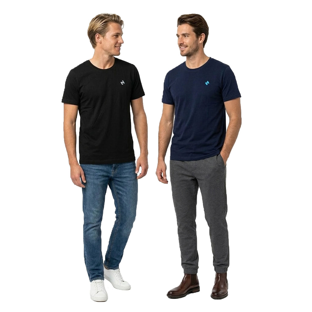 Two men wearing the HANA t-shirt, one in black, the other in navy