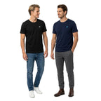 Two men wearing the HANA t-shirt, one in black, the other in navy