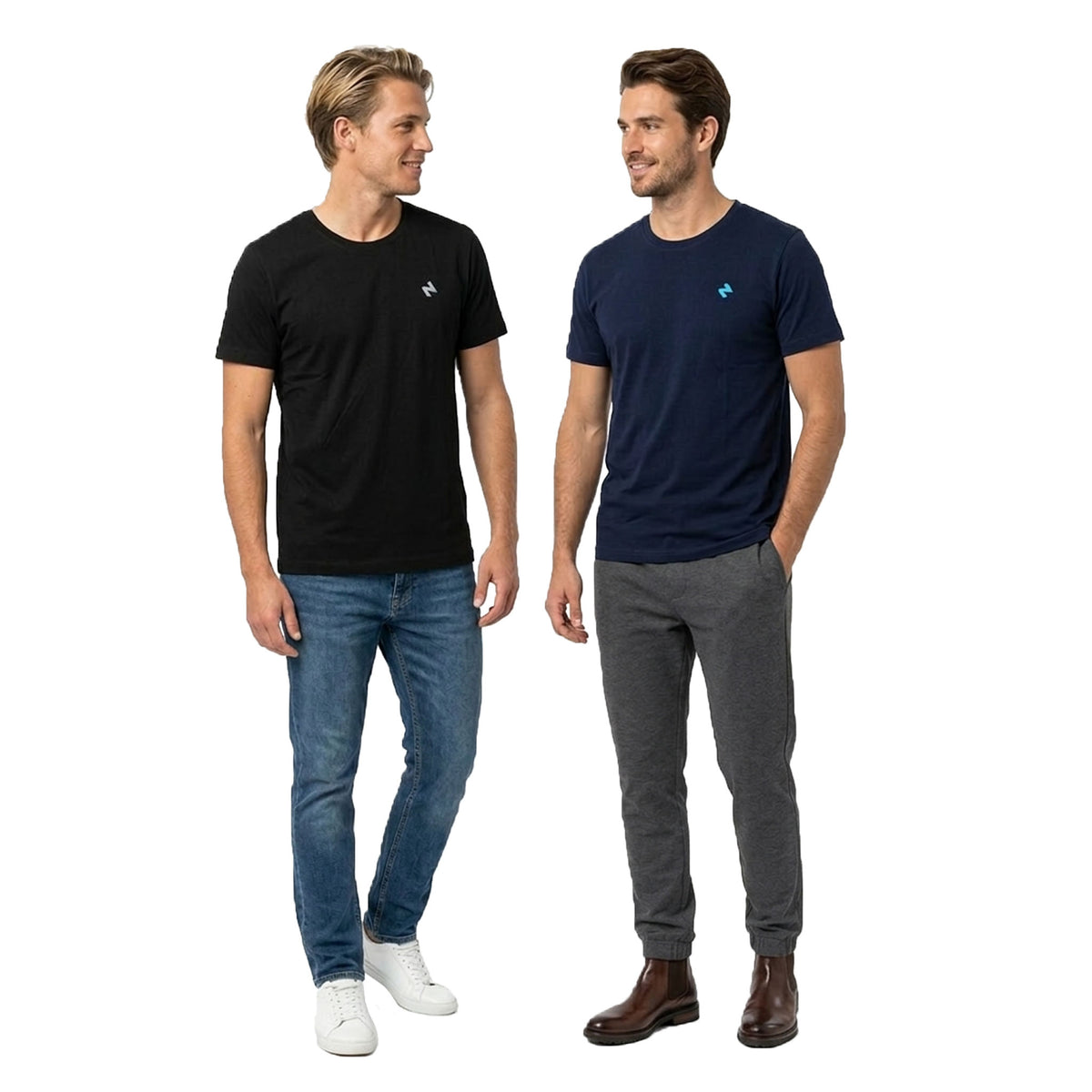 Two men wearing the HANA t-shirt, one in black, the other in navy