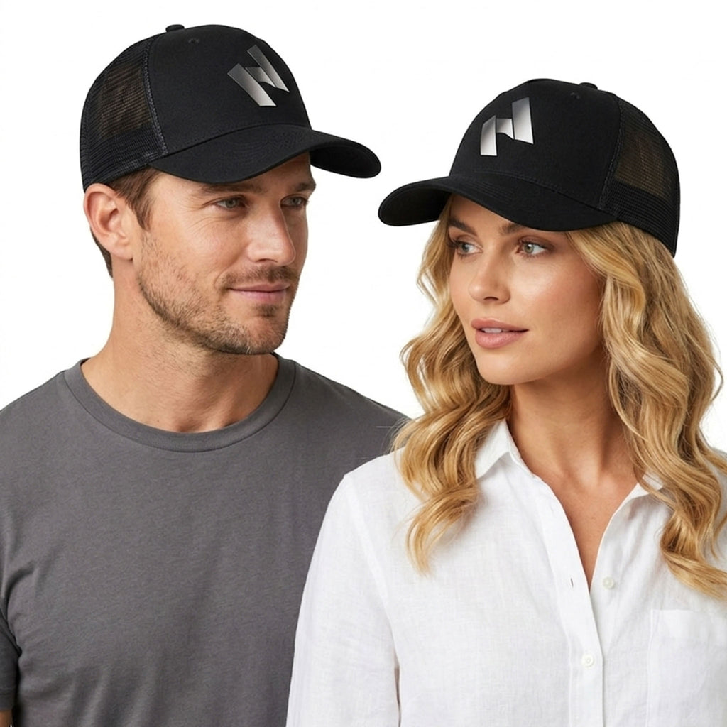 A man and a woman wearing the black adjustable HANA cap