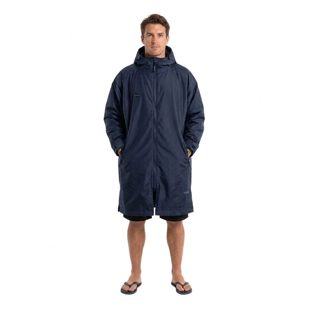Man wearing the HANA navy blue waterproof warm poncho, front view