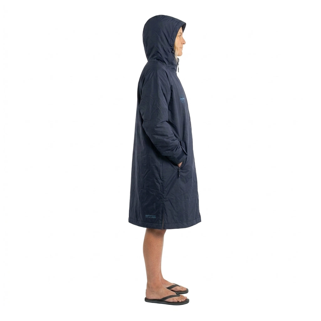 HANA navy blue waterproof poncho, side view with hood up