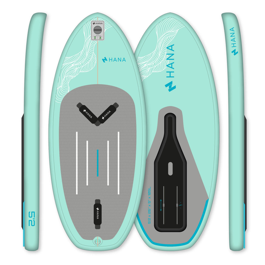 HANA Premium 5'2 (105 L) inflatable wingfoil board in Green Mint, top, bottom and side views