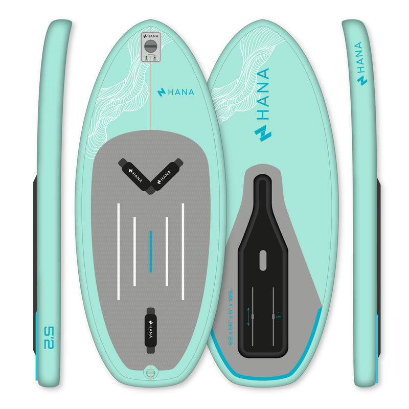 HANA Premium 5'2 (105 L) inflatable wingfoil board in Green Mint, top, bottom and side views