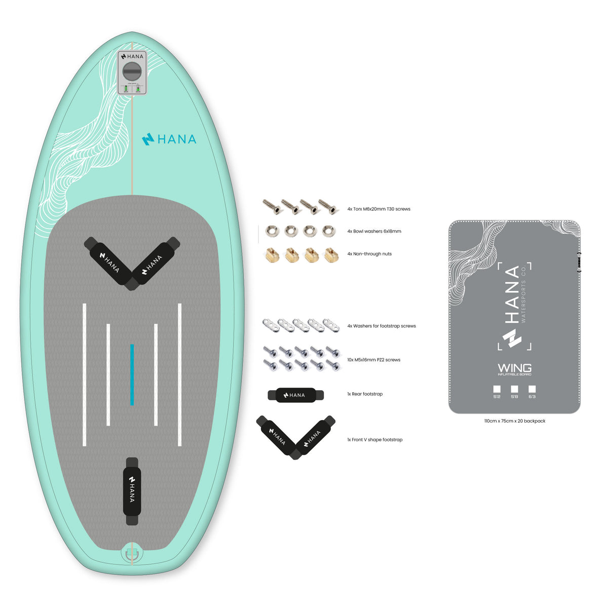 HANA Premium 5'2 wingfoil board with footstraps, screws, backpack and repair kit