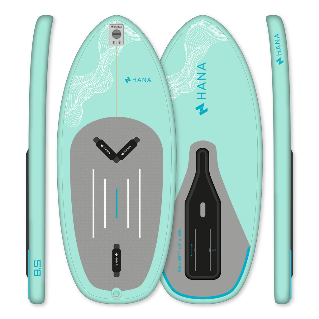 Planche de wingfoil gonflable HANA Premium 5'8 (130 L) Green Mint, dessus, dessous et profil