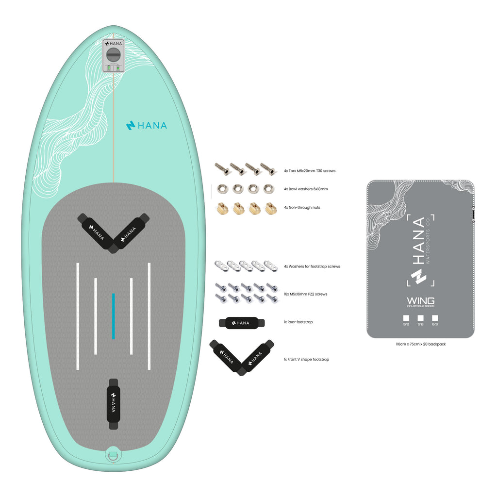 Planche de wingfoil HANA Premium 5'8 avec footstraps, visserie, sac à dos et kit de réparation