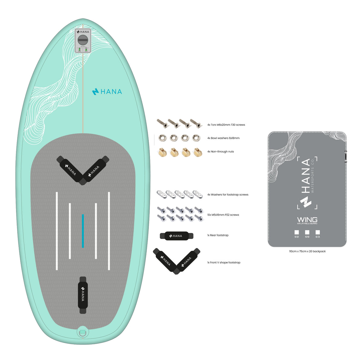 Planche de wingfoil HANA Premium 5'8 avec footstraps, visserie, sac à dos et kit de réparation
