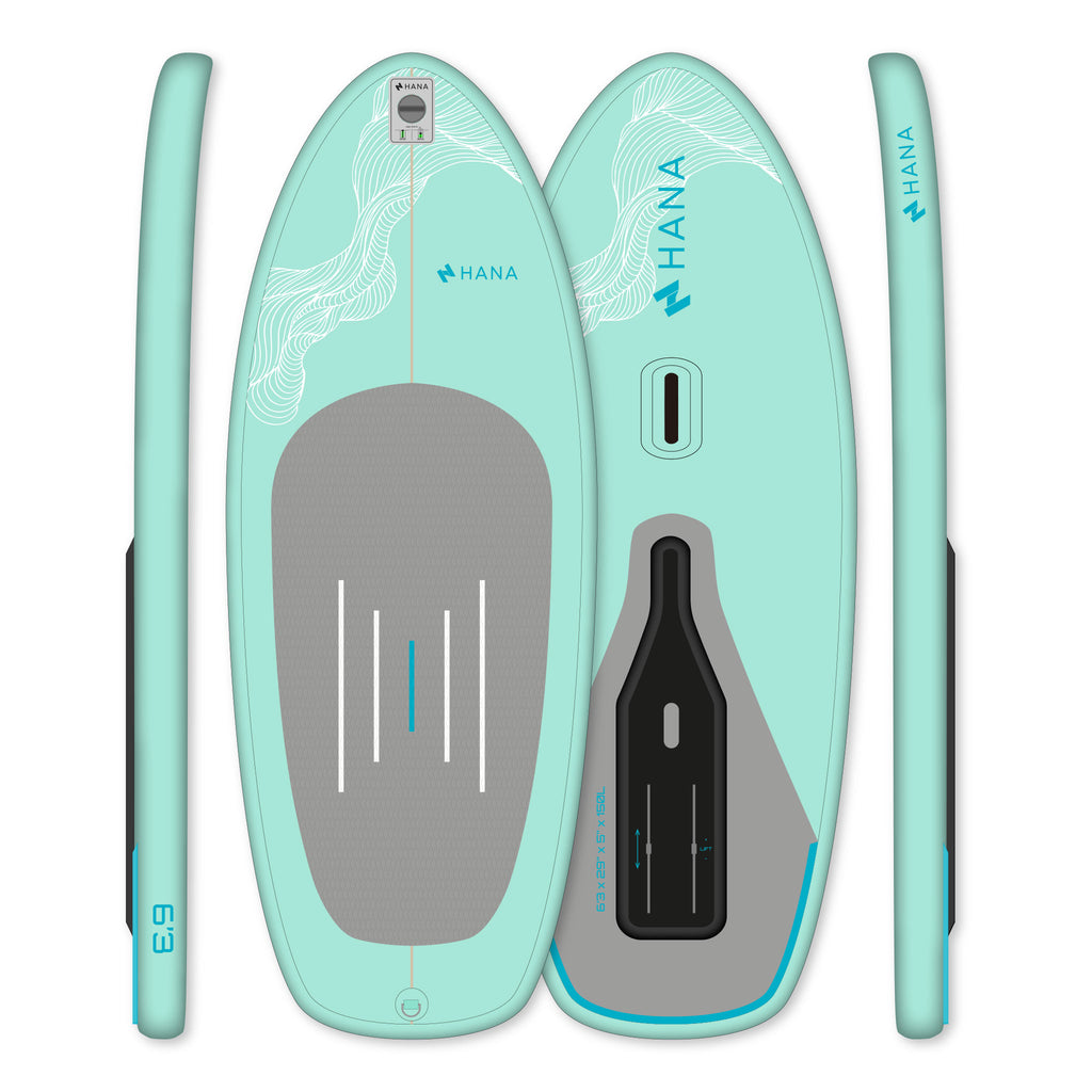 Planche de wingfoil gonflable HANA Premium 6'3 (150 L) Green Mint, dessus, dessous et profil