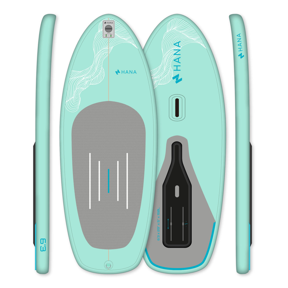 Planche de wingfoil gonflable HANA Premium 6'3 (150 L) Green Mint, dessus, dessous et profil