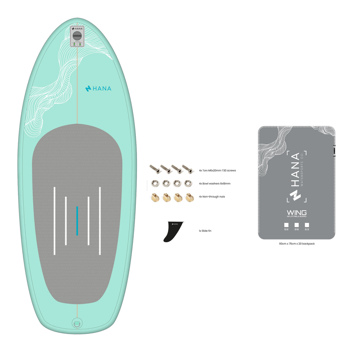Planche de wingfoil HANA Premium 6'3 à pont libre, avec visserie de foil, aileron amovible avant, sac et kit de réparation